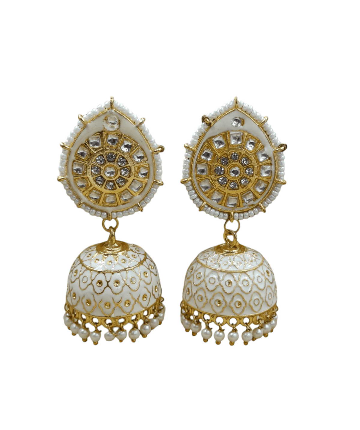 Gold Plated White Kundan Studded Meenakari Jhumka (ERJ26) - Image 3