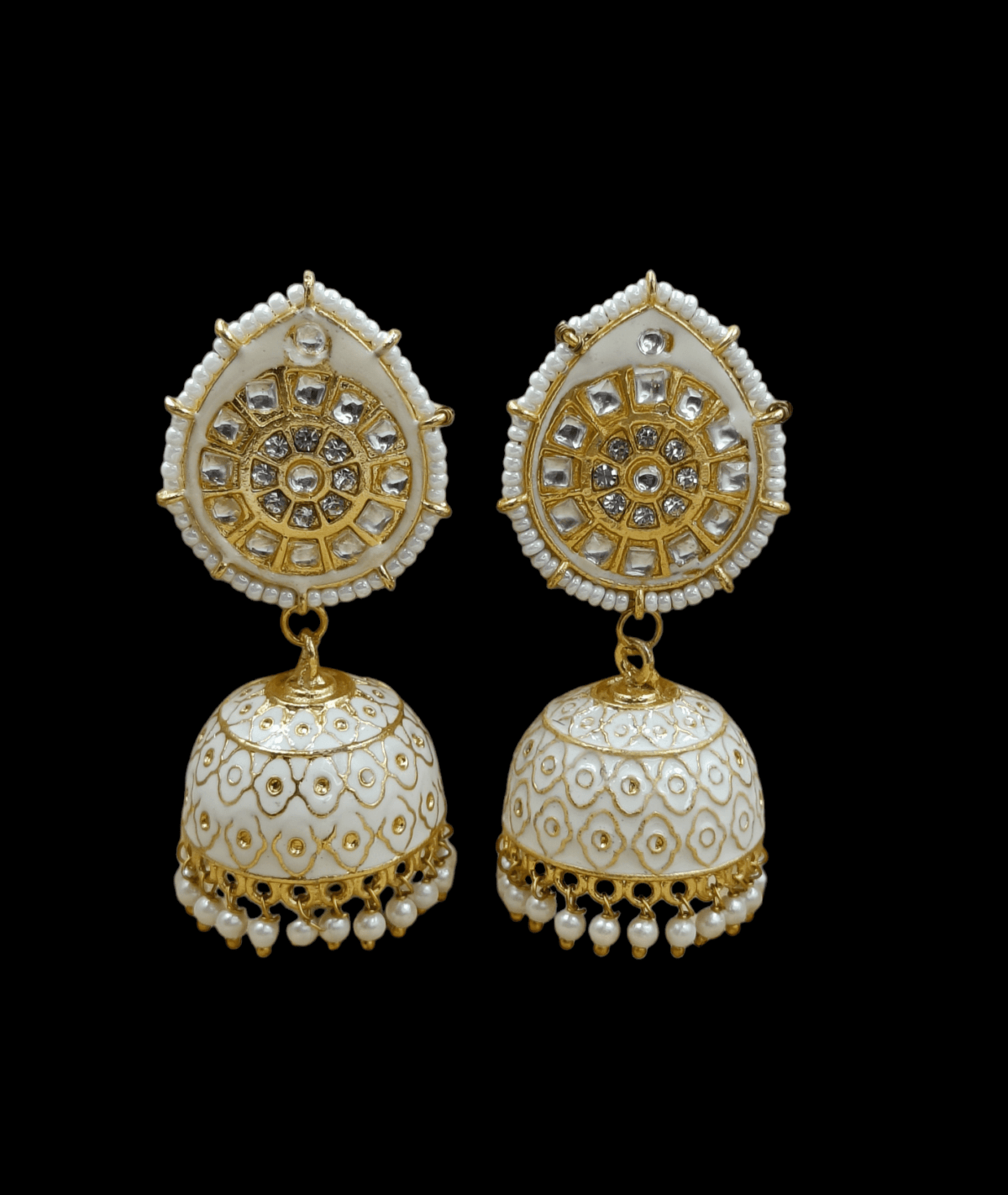 Gold Plated White Kundan Studded Meenakari Jhumka (ERJ26) - Image 2