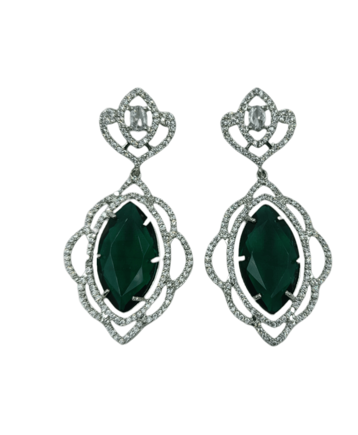 FHF Rhodium Silver plated White & Green Sapphire Zircons Drop Earrings - Image 3