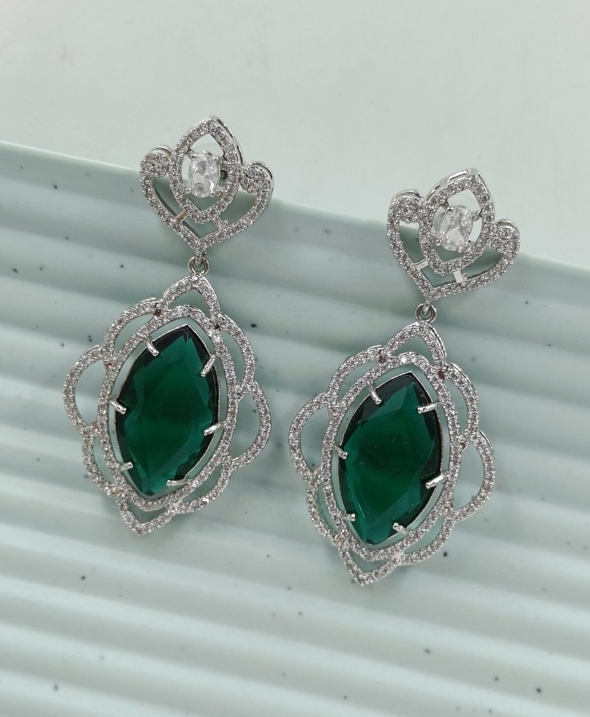 FHF Rhodium Silver plated White & Green Sapphire Zircons Drop Earrings