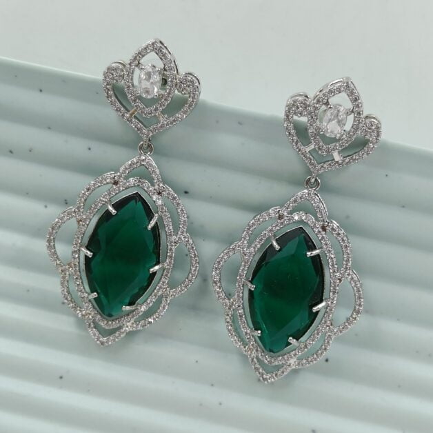 FHF Rhodium Silver plated White & Green Sapphire Zircons Drop Earrings
