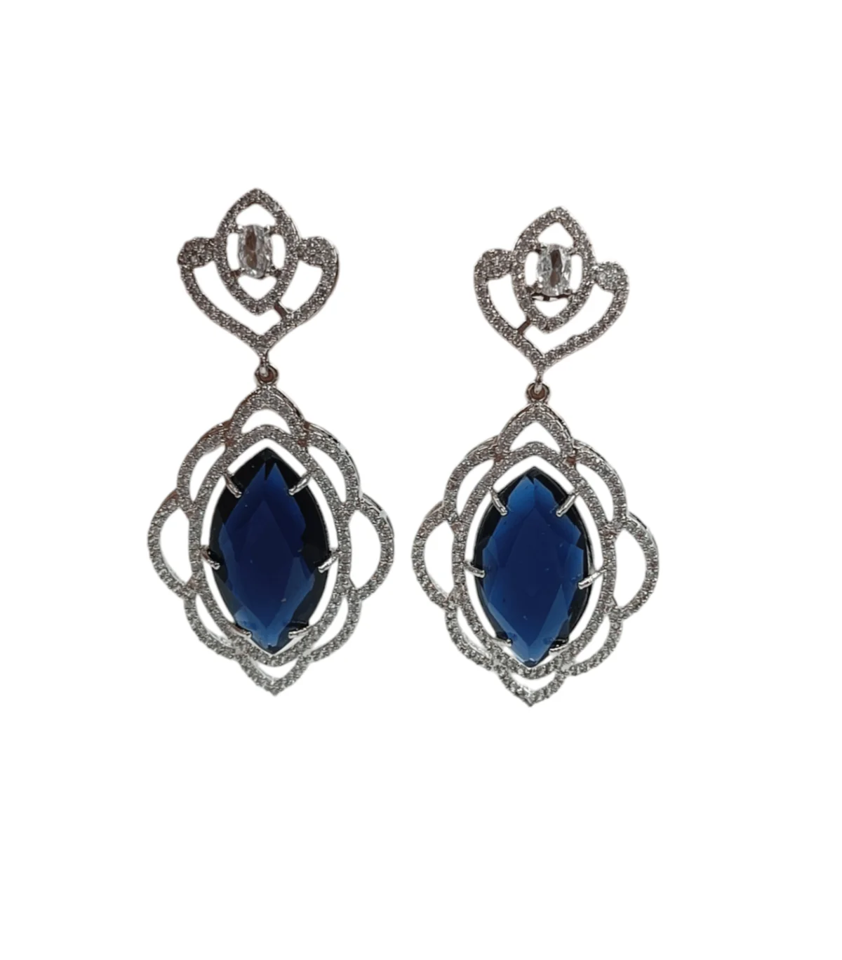 FHF Rhodium Silver plated White & Blue Sapphire Zircons Drop Earrings - Image 3