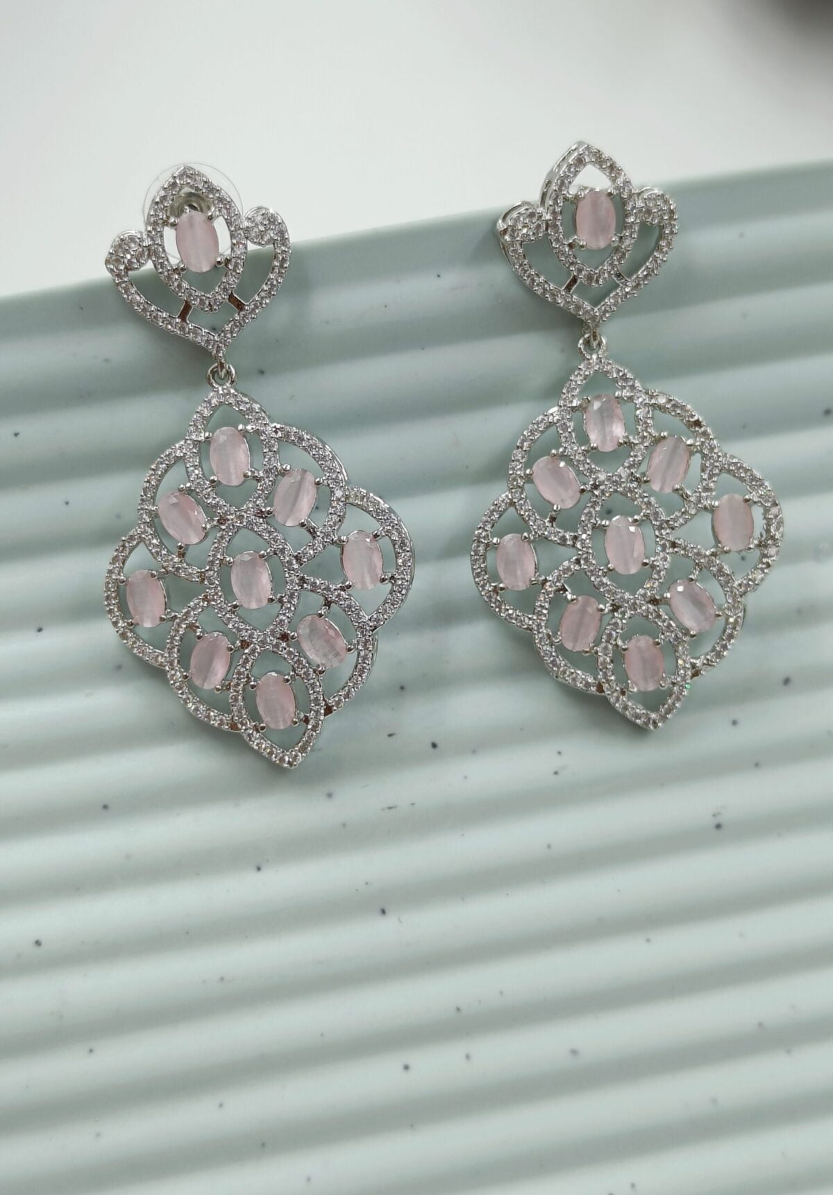 FHF Rhodium Silver Plated American Diamond Pink stone Earrings - Image 3
