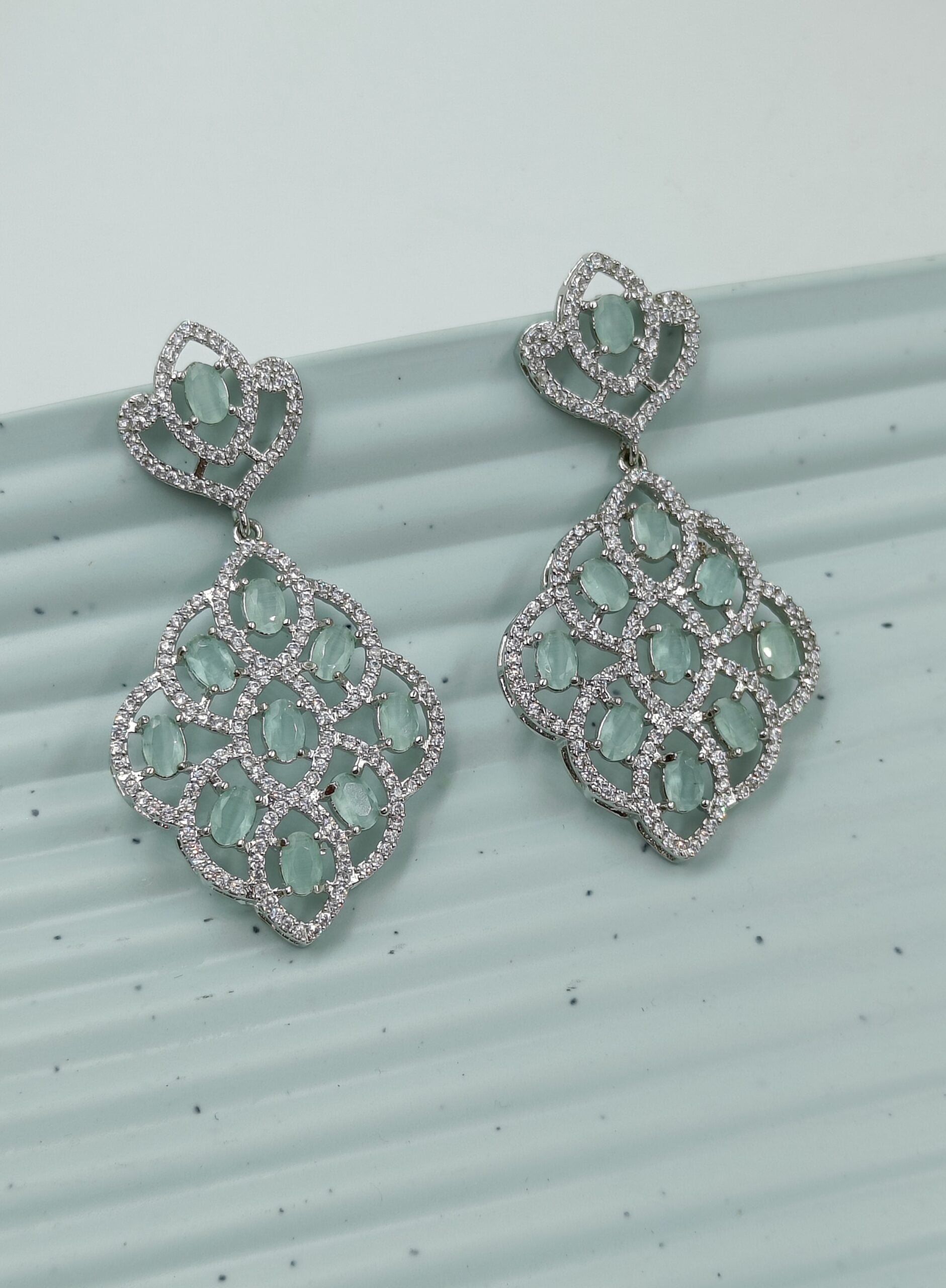 FHF Rhodium Silver Plated American Diamond Sea Green Stone Earrings - Image 3