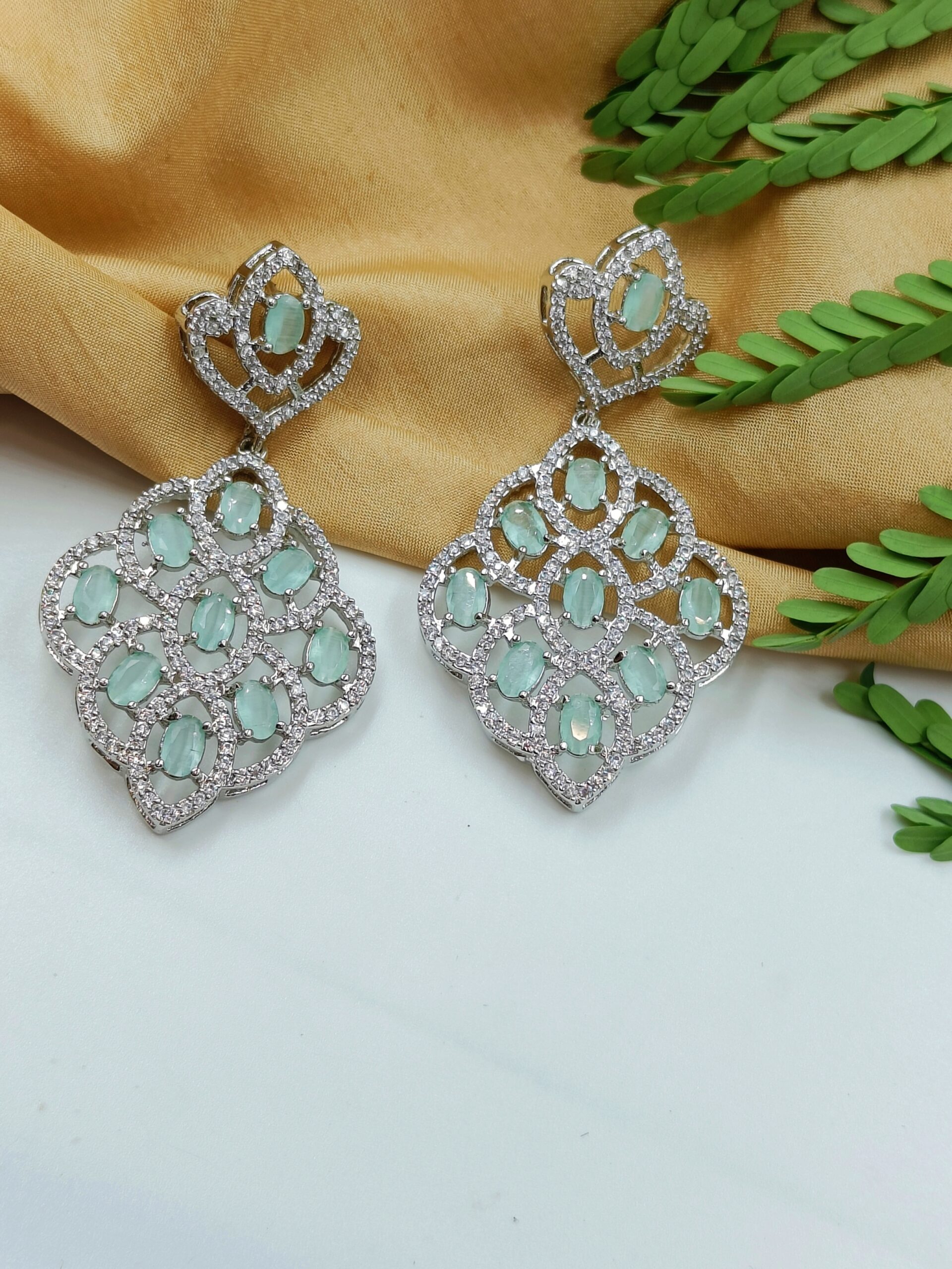 FHF Rhodium Silver Plated American Diamond Sea Green Stone Earrings