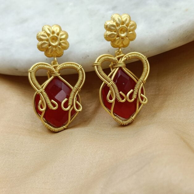 Designer Gold Plated Brass Red Stone Drop Earrings