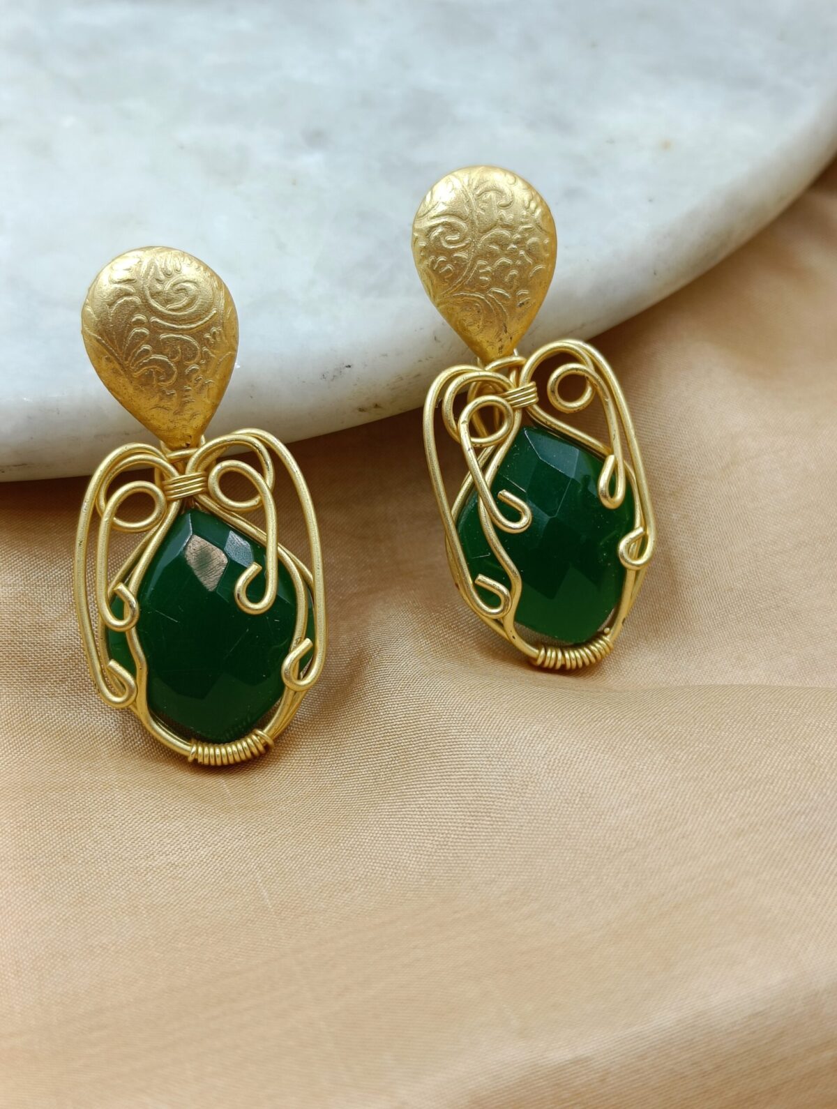 Designer Gold Plated Brass Green Stone Drop Earrings