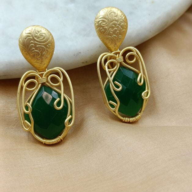 Designer Gold Plated Brass Green Stone Drop Earrings