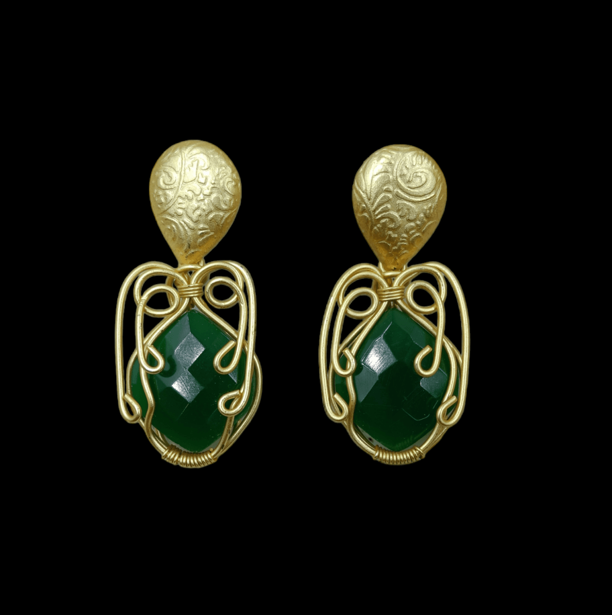 Designer Gold Plated Brass Green Stone Drop Earrings - Image 2