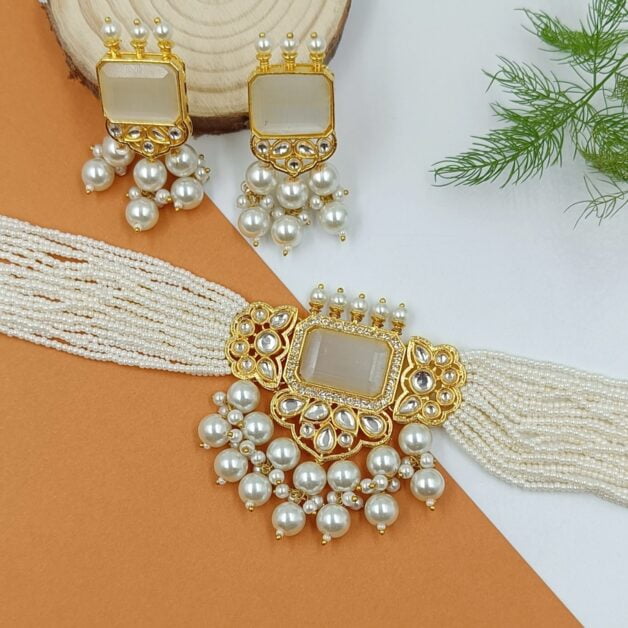 Gold Plated Designer White Stone Beaded Choker Necklace Set