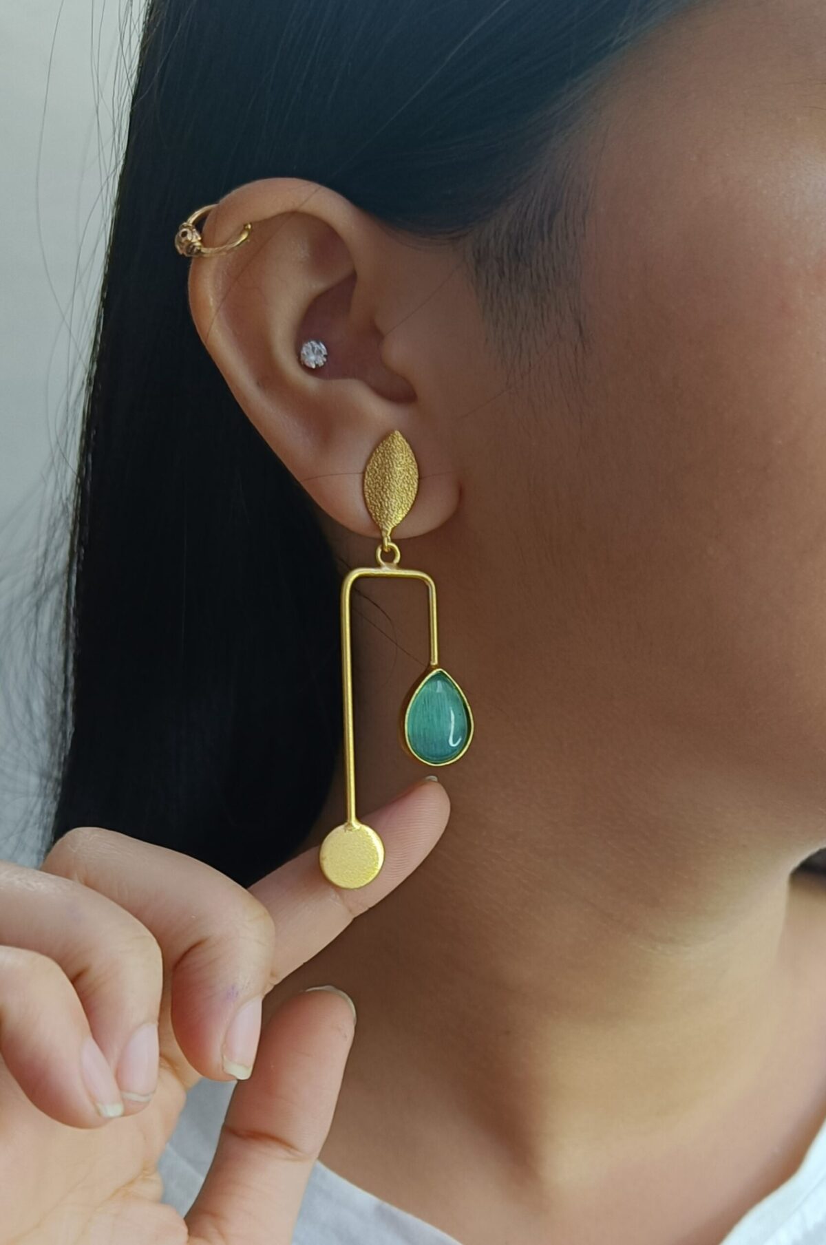 Gold Plated Brass Sea Green Stone Stylish Dangler Earrings - Image 2