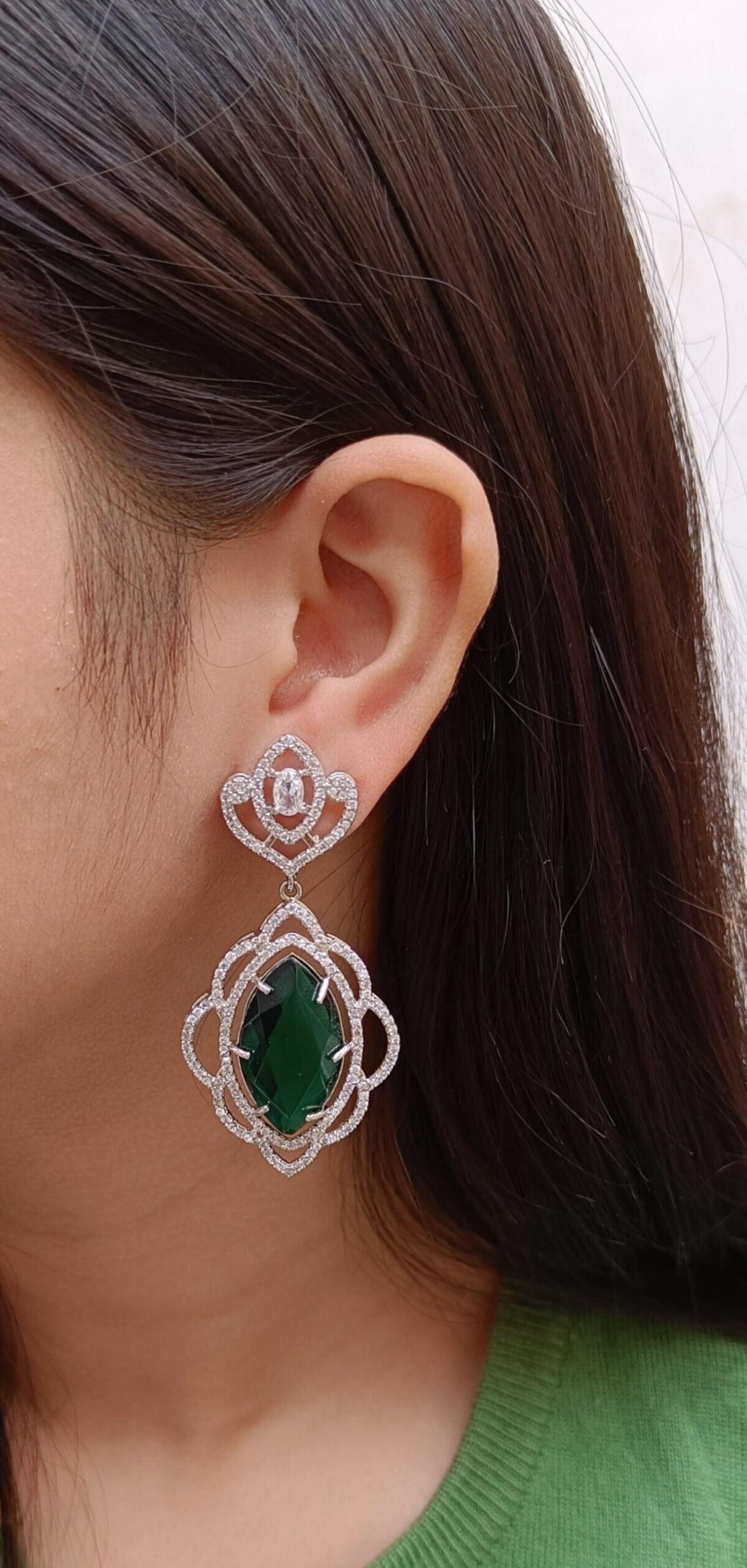 FHF Rhodium Silver plated White & Green Sapphire Zircons Drop Earrings - Image 2