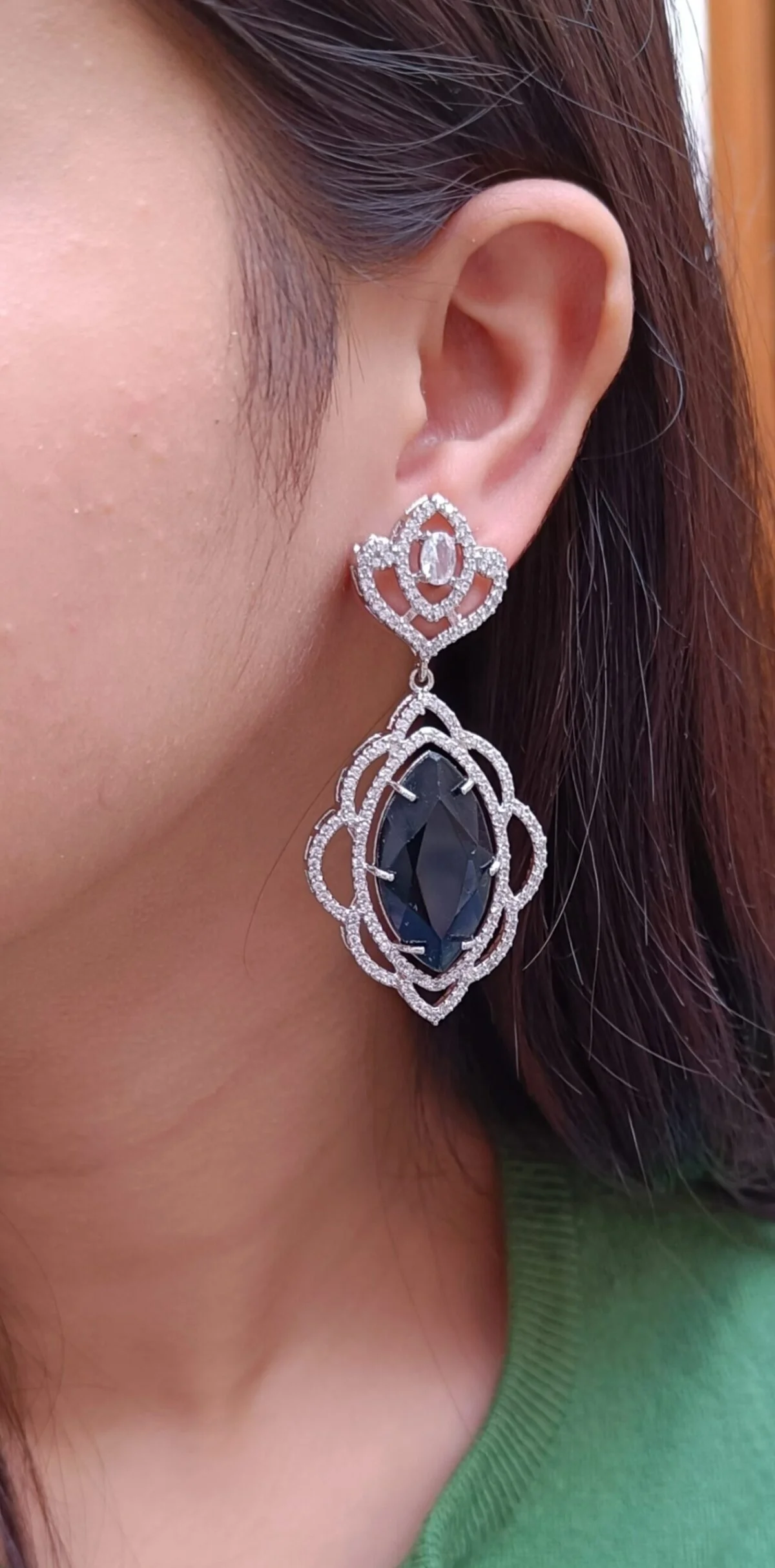 FHF Rhodium Silver plated White & Blue Sapphire Zircons Drop Earrings - Image 2