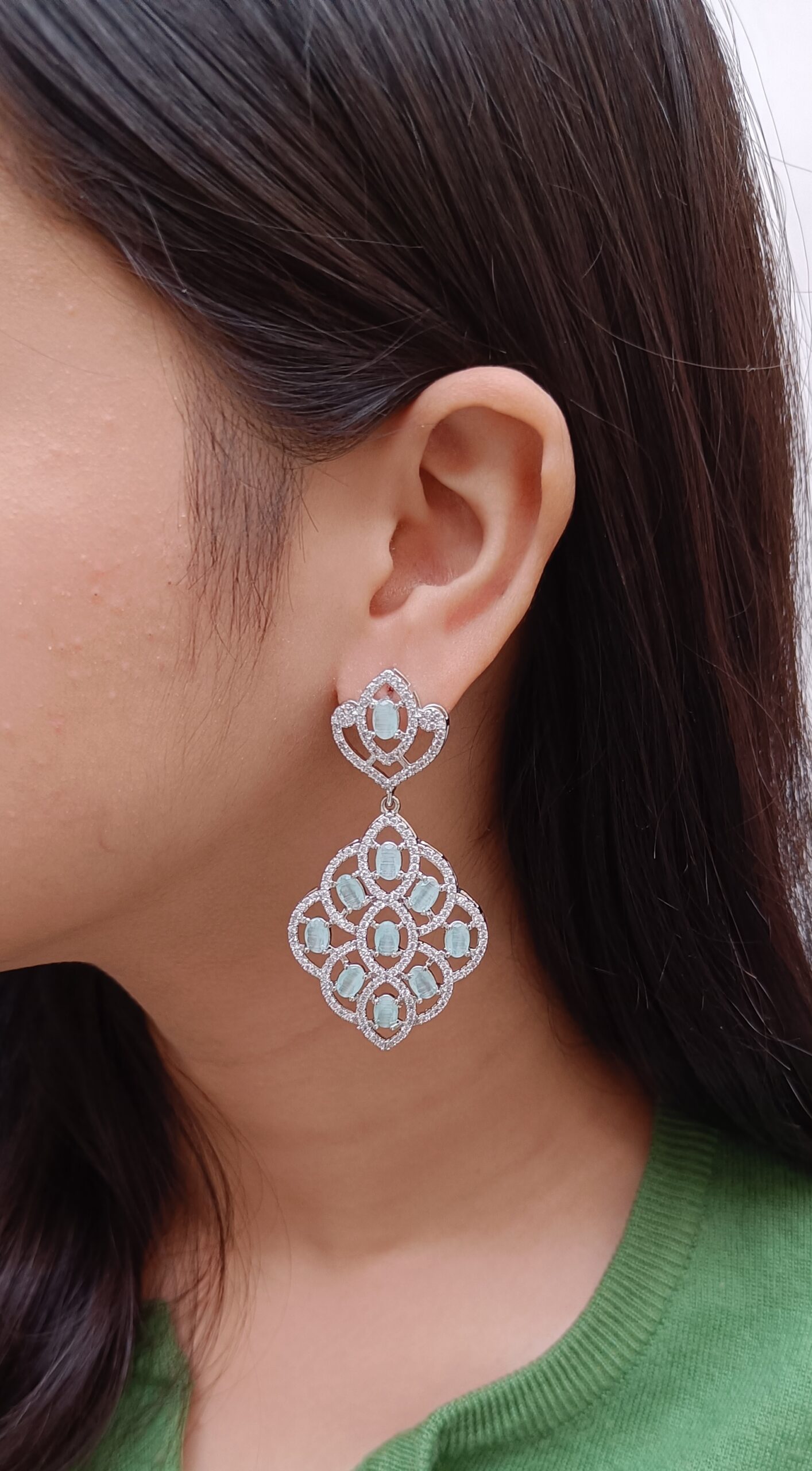 FHF Rhodium Silver Plated American Diamond Sea Green Stone Earrings - Image 2