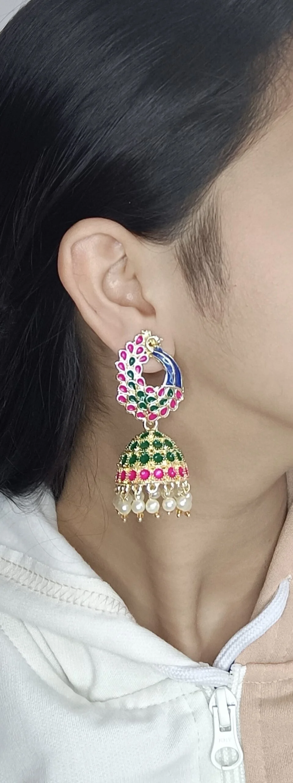 Gold Plated Peacock Multicolor Meenakari Jhumka Earrings (ERJ12) - Image 2