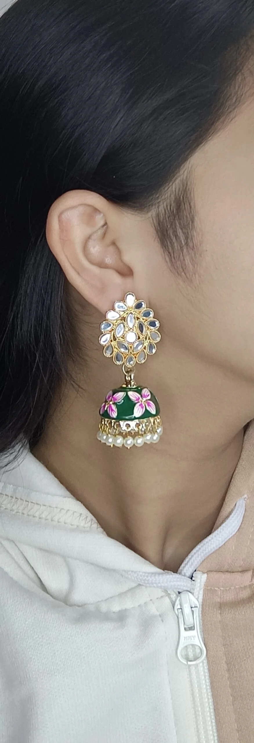 Mirror Work Haindpainted Green Jhumka Earrings (ERJ14) - Image 2