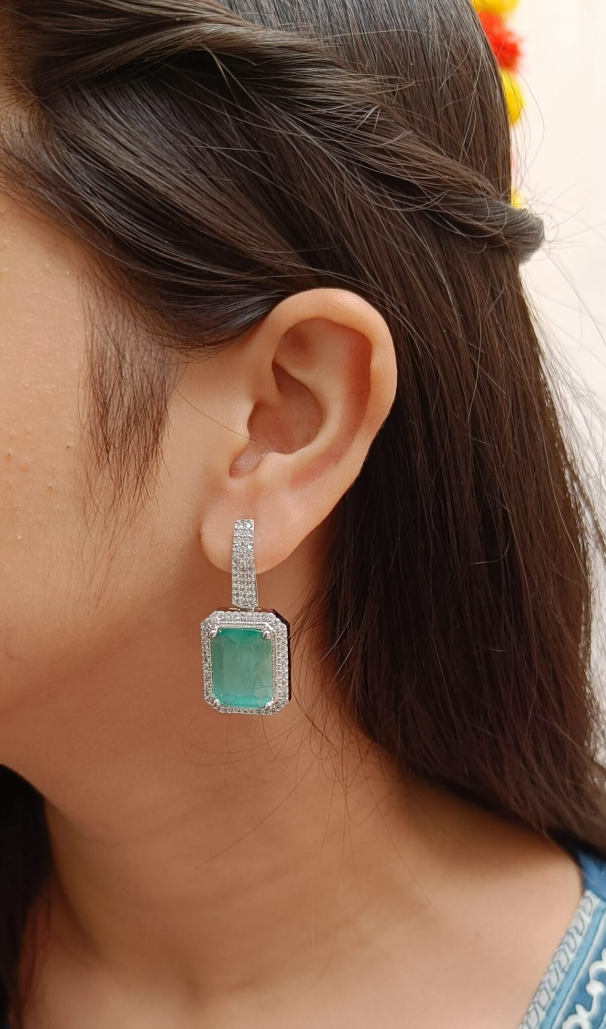 FHF Premium White & Sea Green Sapphire Zircons Dangler Earrings - Image 2