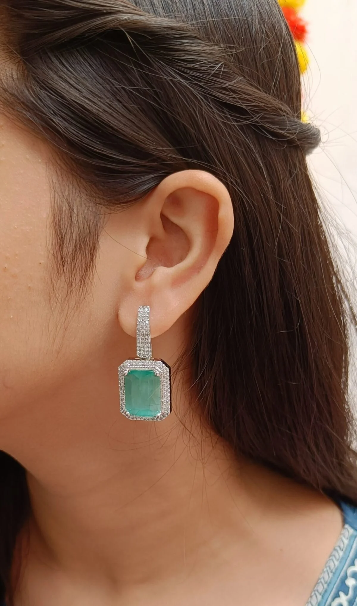 FHF Premium White & Sea Green Sapphire Zircons Dangler Earrings - Image 2