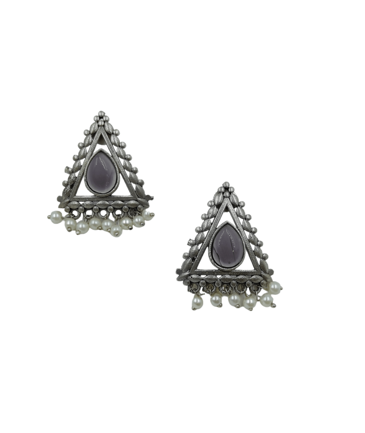 Silver Plated Brass Triangular Purple Stone Stud Earrings - Image 3