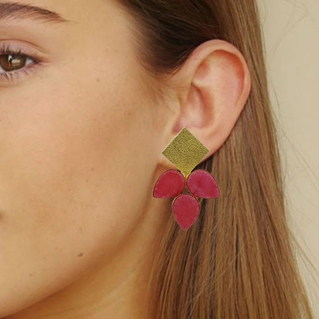 Gold Plated Matte Finish Three Pink Stone Studded Earrings - Image 2
