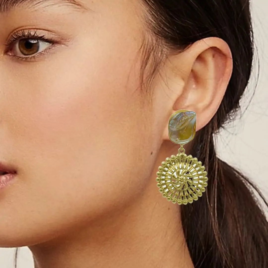 Gold Plated Baroque Stone Manadala Art Designer Dangler Earrings - Image 2