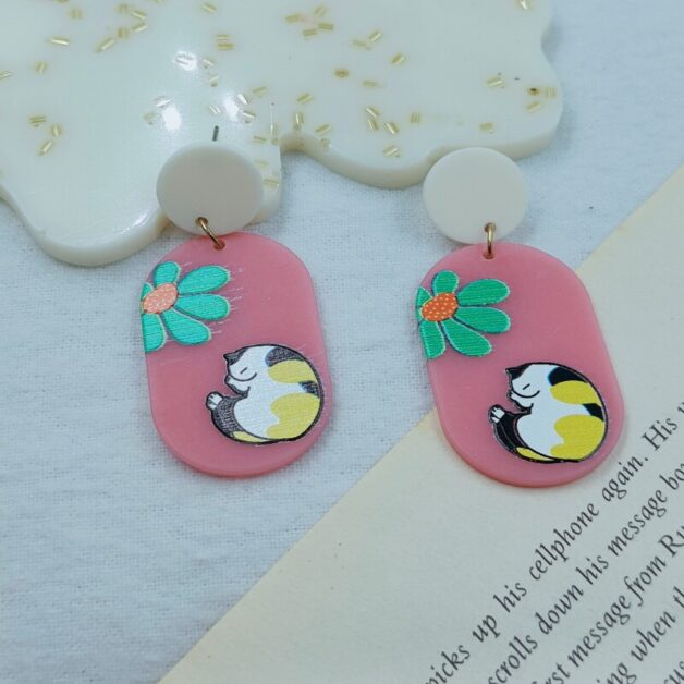 Pink Hand Painted Cat Flower Dangler Earrings