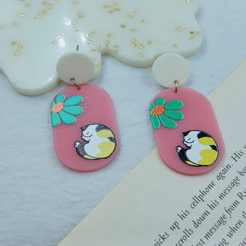 Pink Hand Painted Cat Flower Dangler Earrings