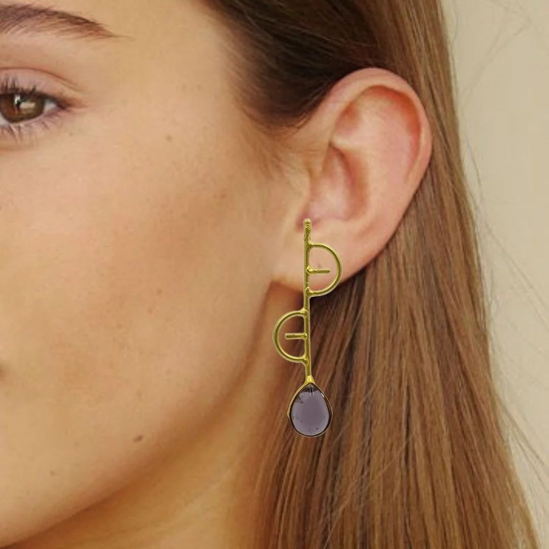 Gold Plated Purple Stone Studded Designer Dangler Earrings - Image 2