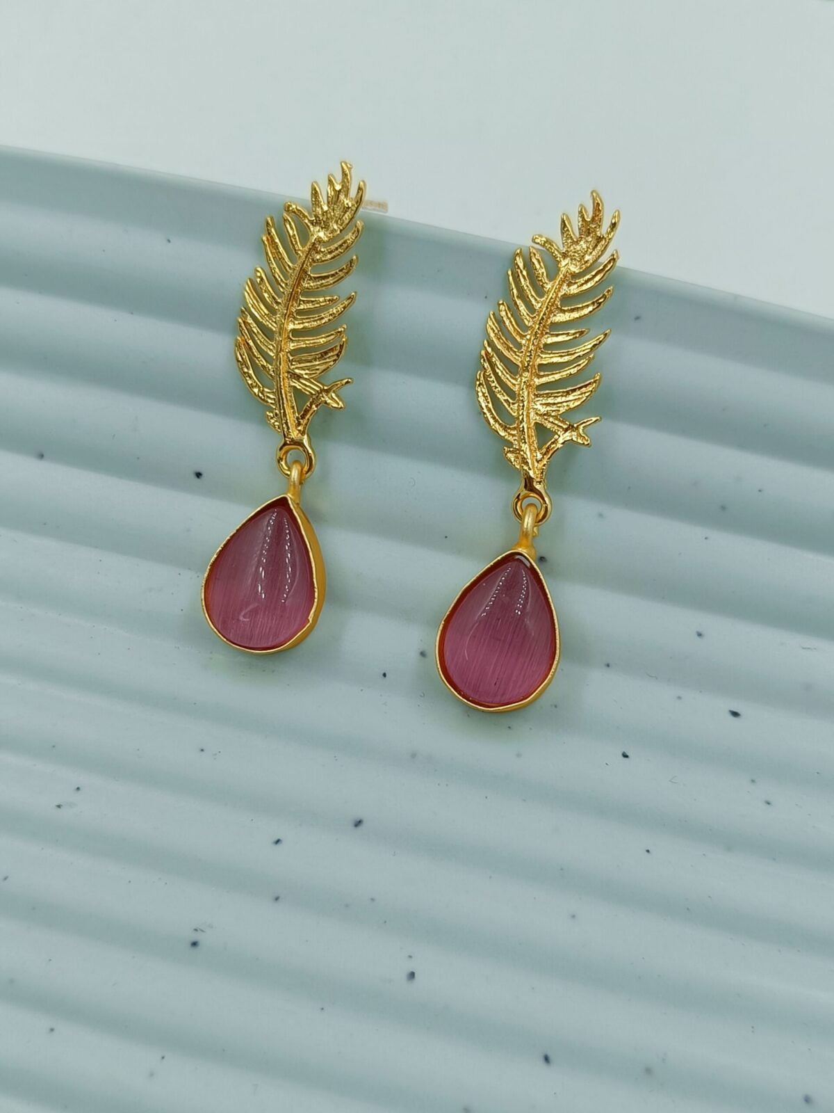 Gold Plated Leafy Pattern Pink Stone Drop Earrings