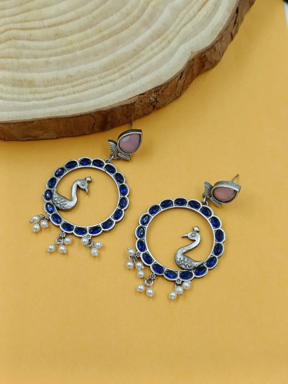 Silver Plated Brass Blue Pink Stone Peacock Earrings