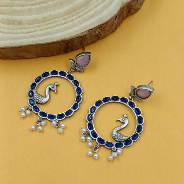 Silver Plated Brass Blue Pink Stone Peacock Earrings