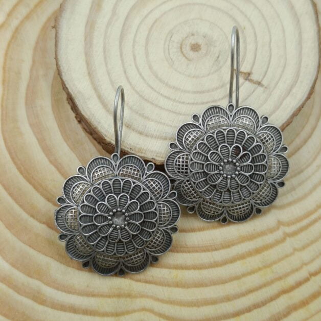 Silver Plated Brass Flower Design Hook Earrings