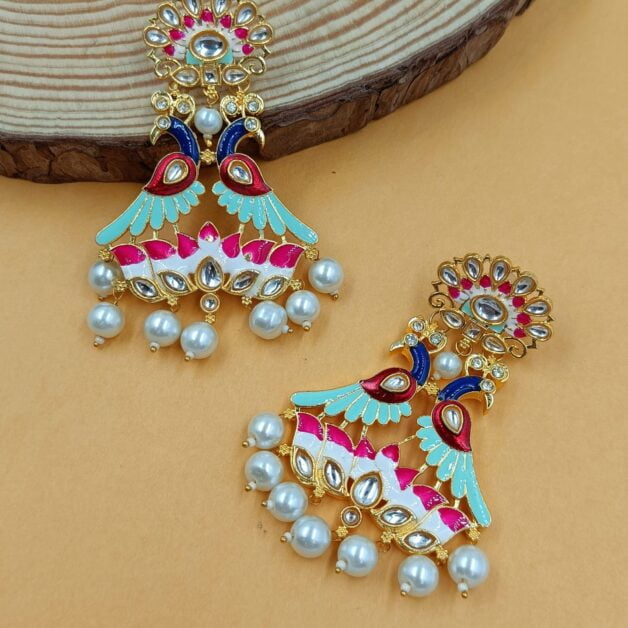 Gold Plated Peacock Lotus Traditional Earring- Sea Green