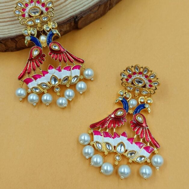 Gold Plated Peacock Lotus Traditional Earring- Red