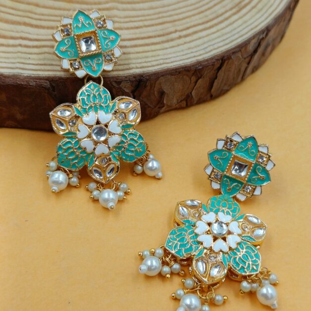 Gold Plated Layered Flower Earrings- Green
