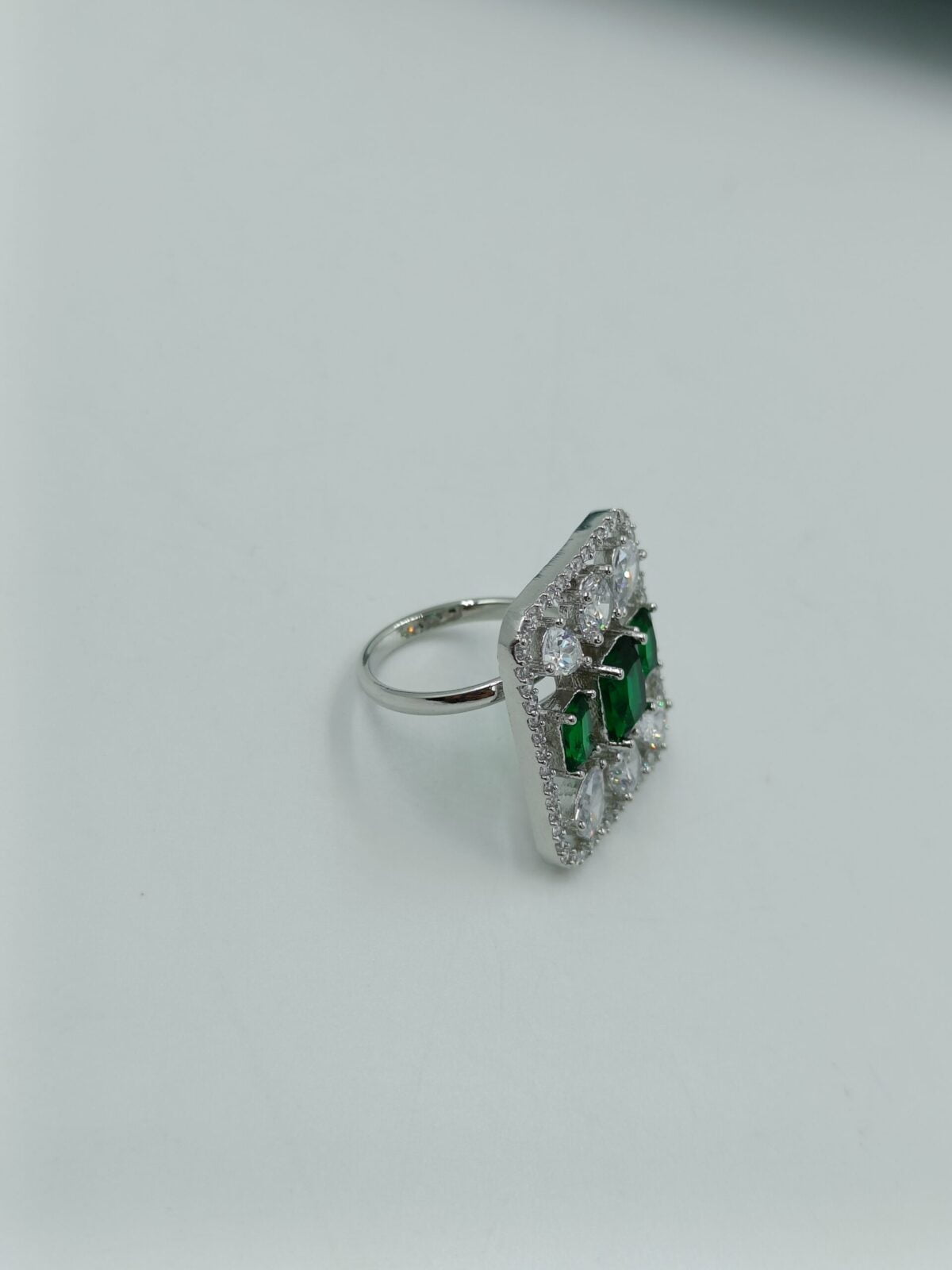 Silver Plated American Diamond and Green Stone Studded Square Shaped Adjustable Ring (46) - Image 2