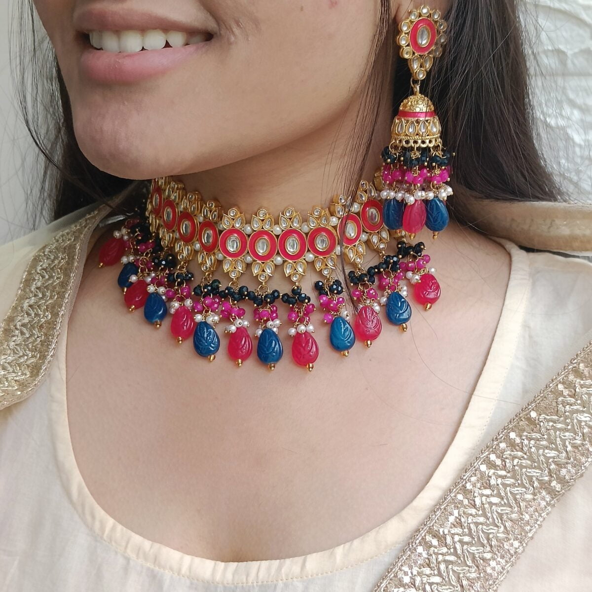 Gold Plated Pink Blue Kundan Beaded Necklace Set - Image 2