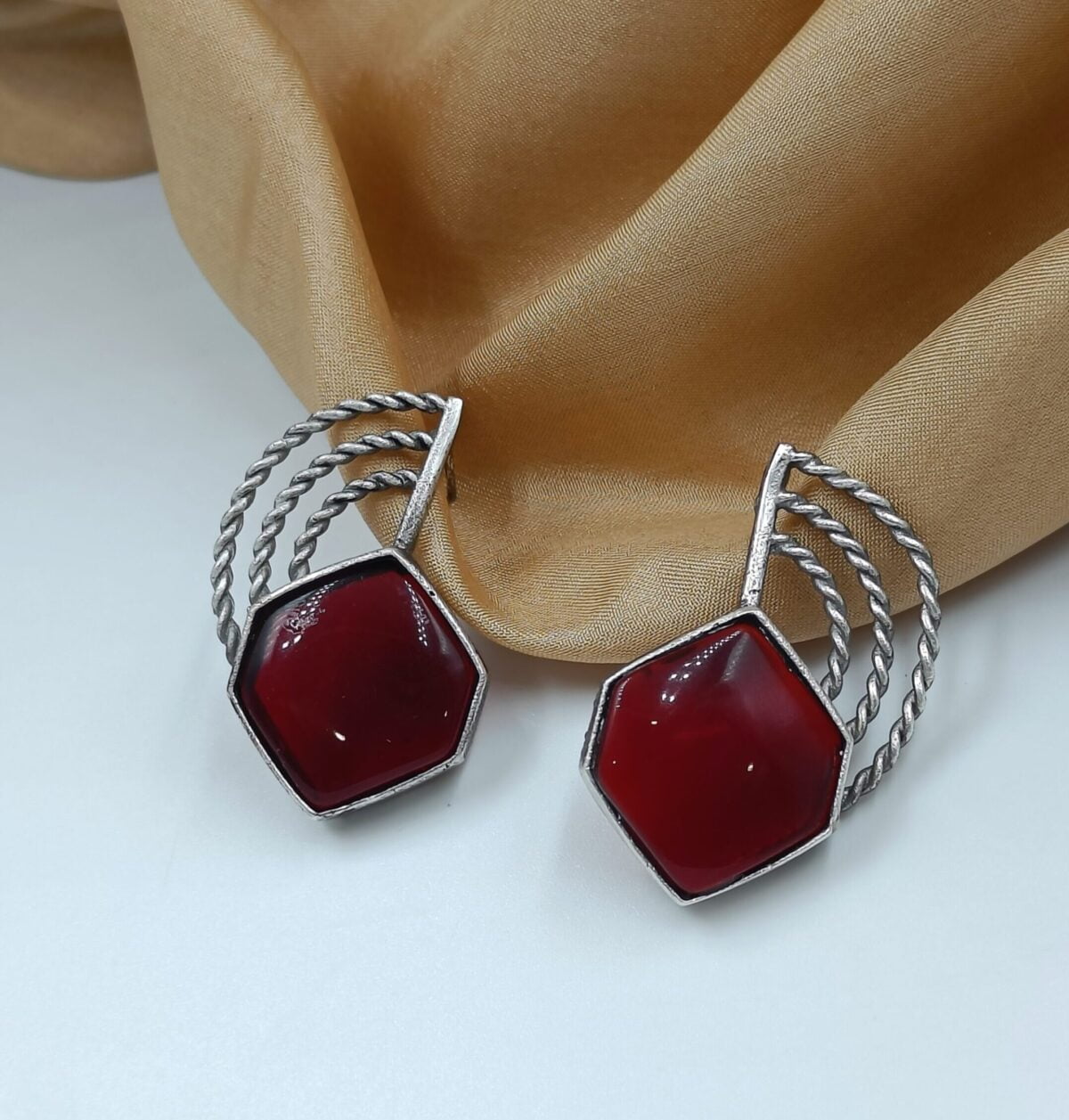 Brass Silver Plated Red Stone Stud Earrings