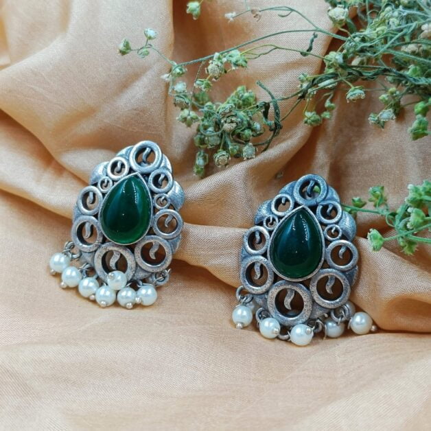 Silver Plated Green Stone Stud Earrings