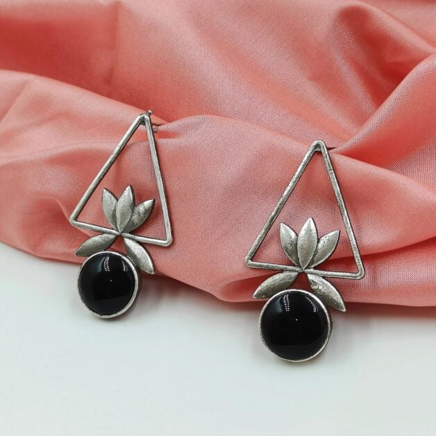 Silver Plated Brass Triangular Lotus Dangler Earrings