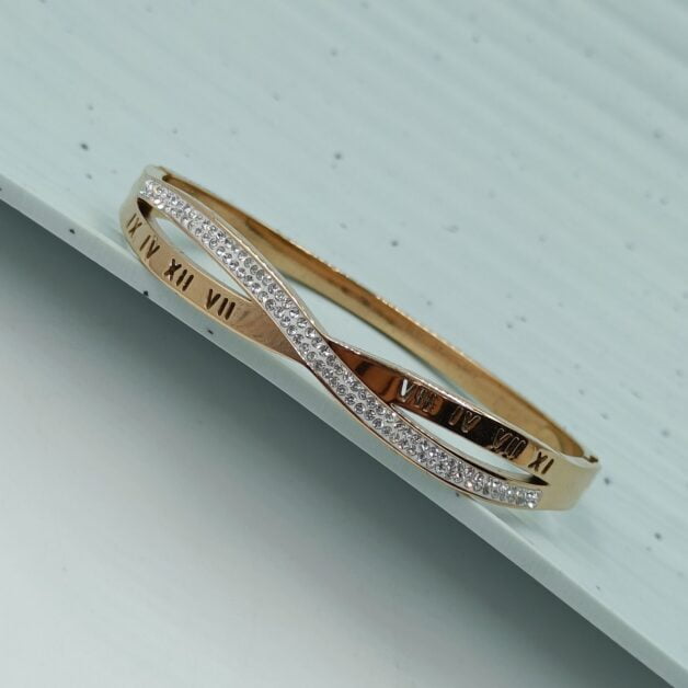 FHF Rose Gold Tone Stainless Steel Roman Numbers And Zironia Stone Bracelet