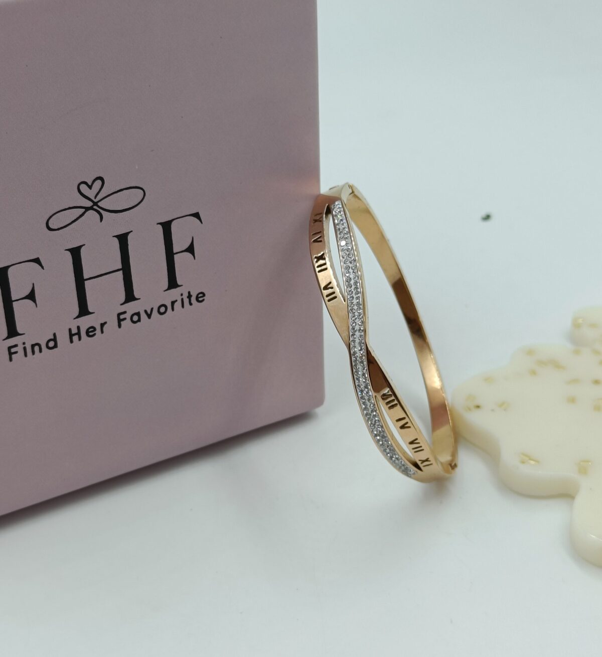 FHF Rose Gold Tone Stainless Steel Roman Numbers And Zironia Stone Bracelet - Image 2