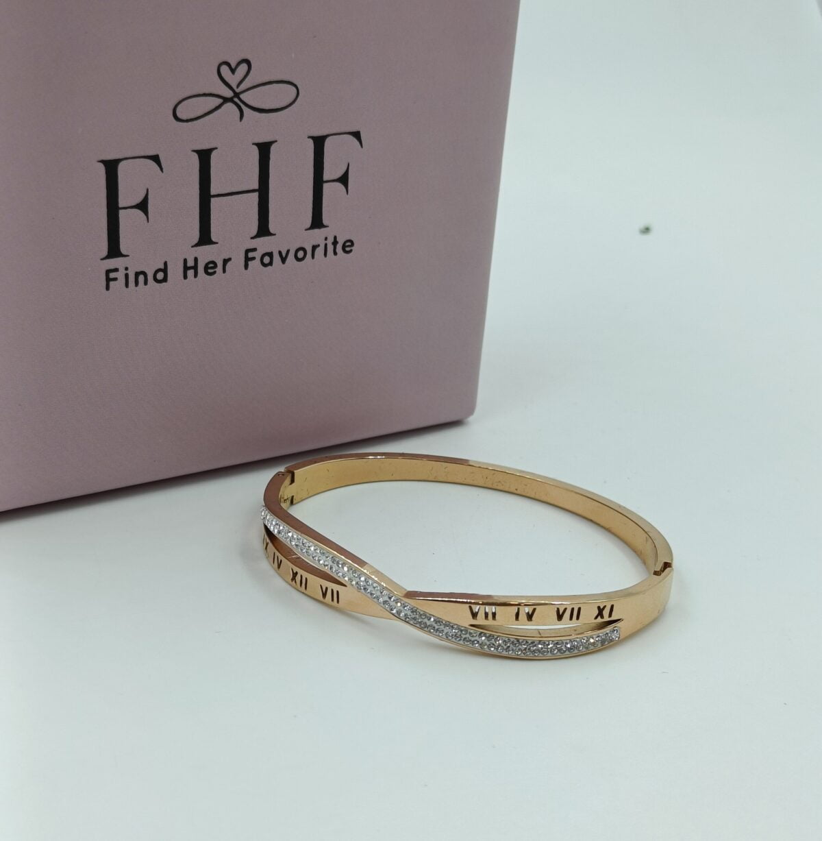 FHF Rose Gold Tone Stainless Steel Roman Numbers And Zironia Stone Bracelet - Image 3