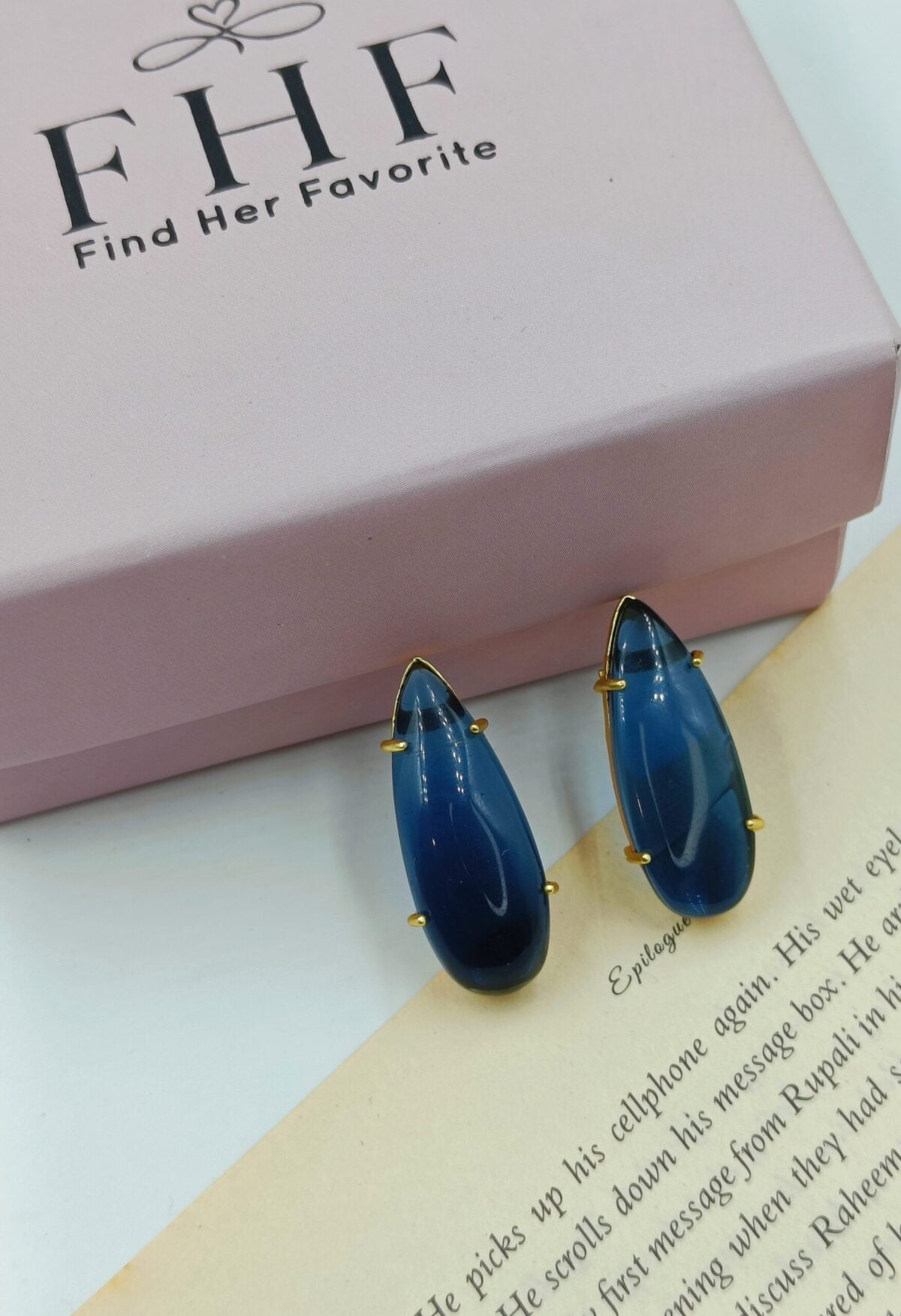 Gold Plated Blue Drop Stone Studs Earrings