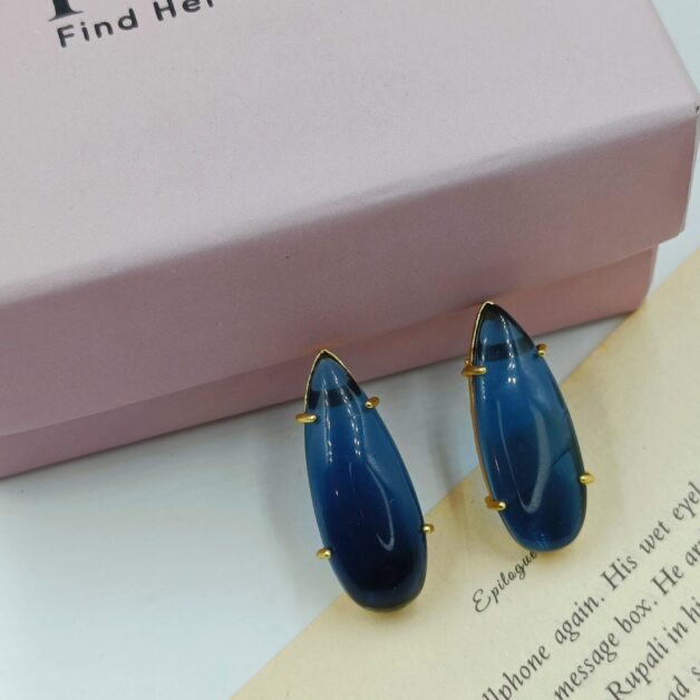 Gold Plated Blue Drop Stone Studs Earrings