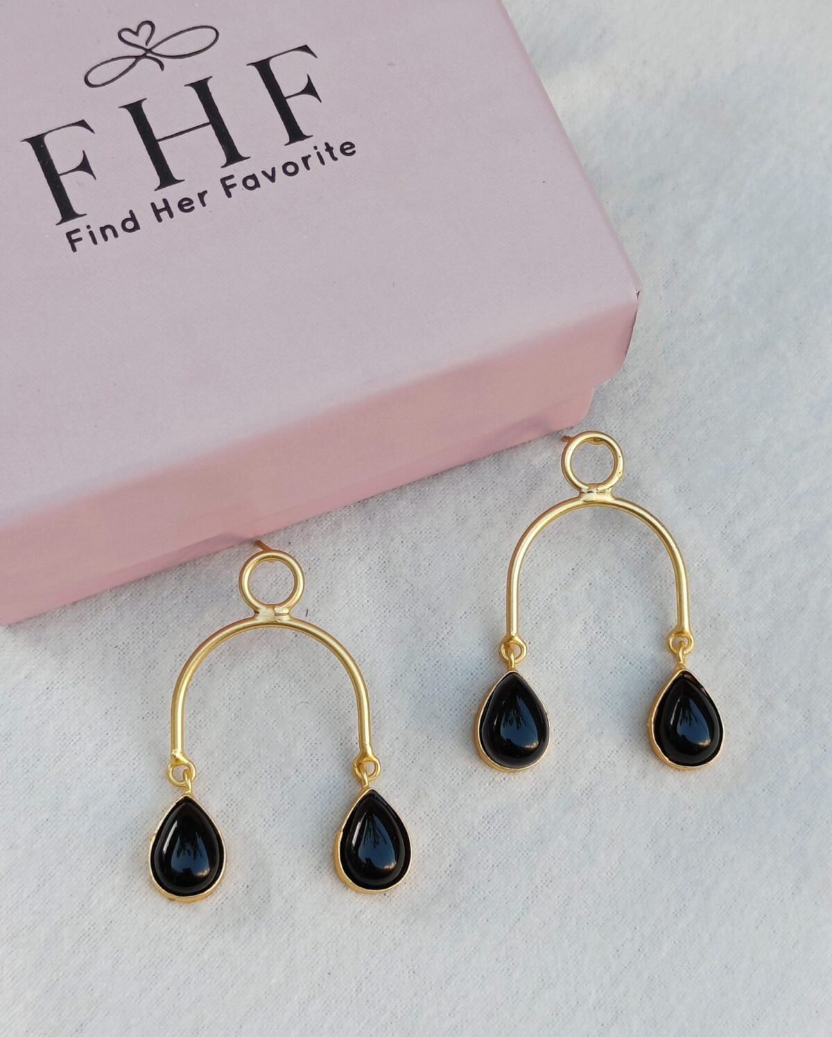 Gold Plated Brass Black Drop Earrings - Image 2