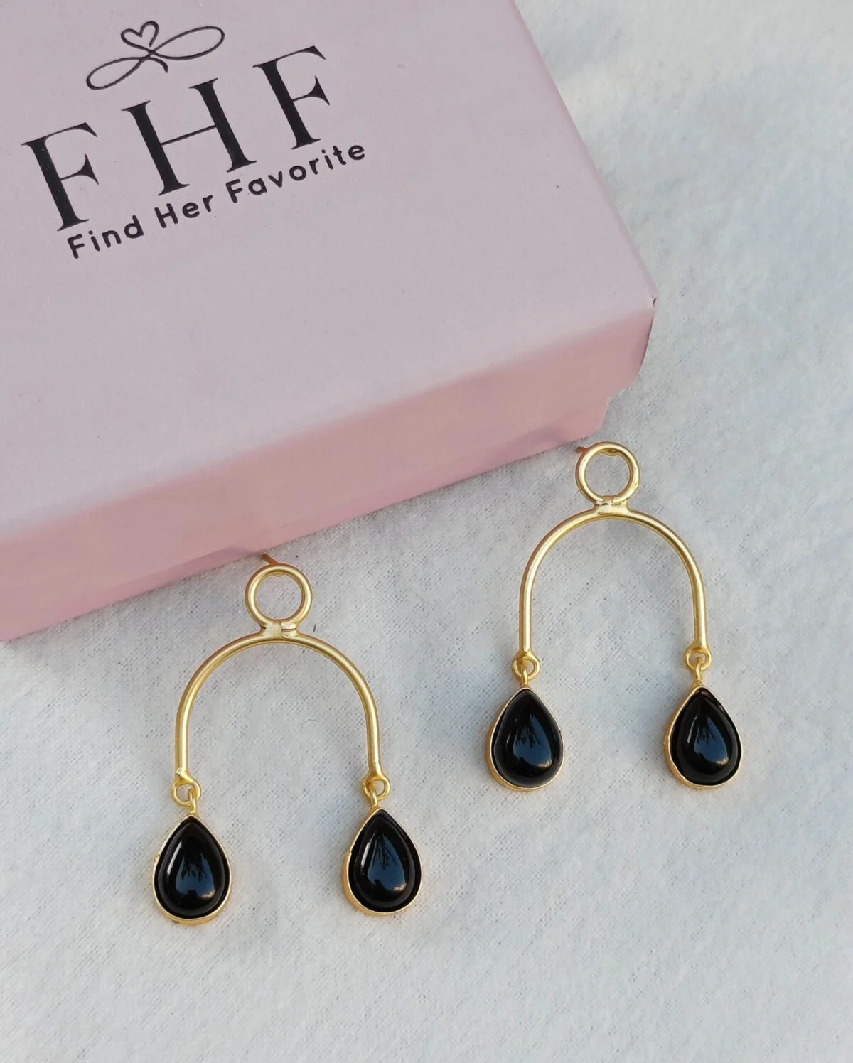 Gold Plated Brass Black Drop Earrings - Image 2