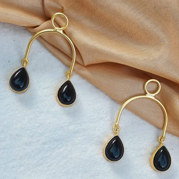 Gold Plated Brass Black Drop Earrings