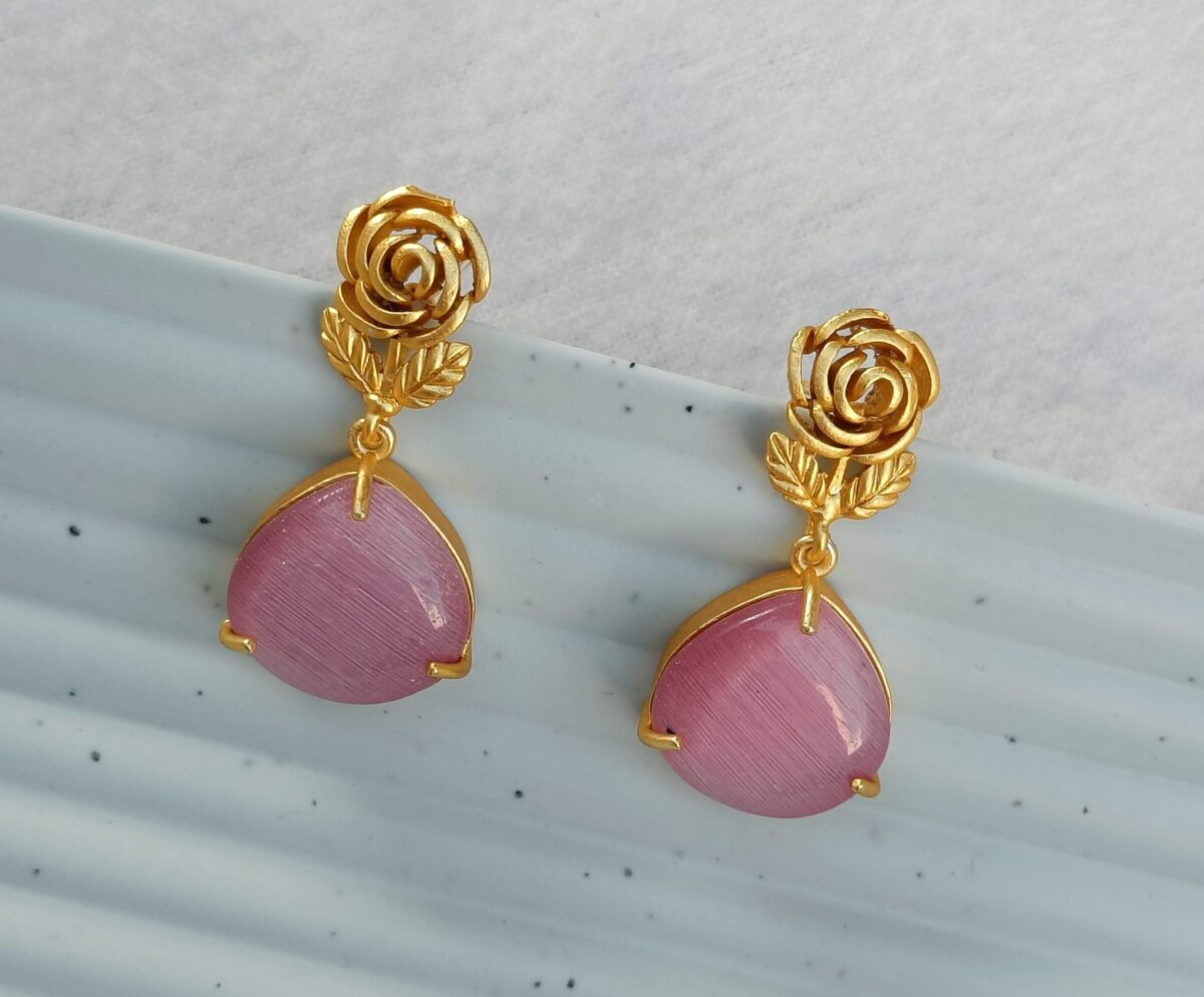 Gold Plated Rose Pink Stone Drop Earrings