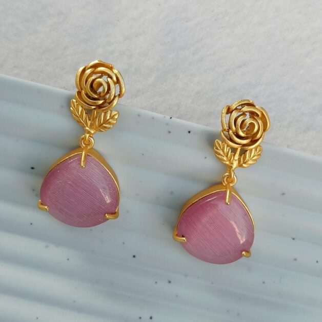 Gold Plated Rose Pink Stone Drop Earrings
